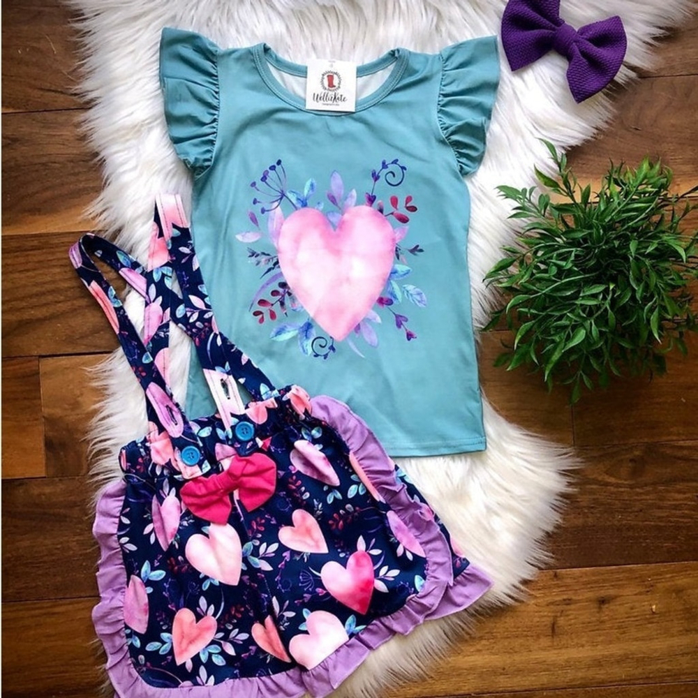 Wellington Designs Watercolor Hearts Suspender Shorts Set, Sz 6/12 NWT